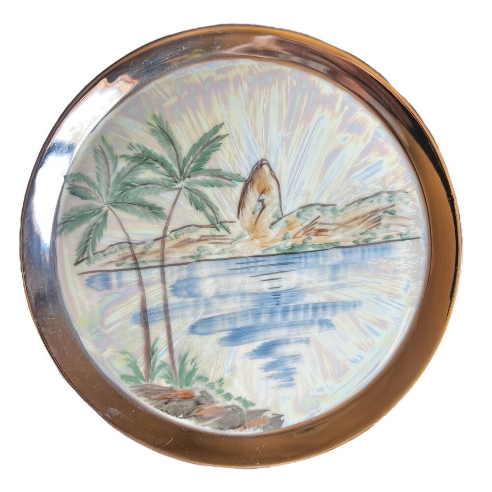 Hand-Painted Decorative Plate With Scenic Rio Landscape & Metallic Trim